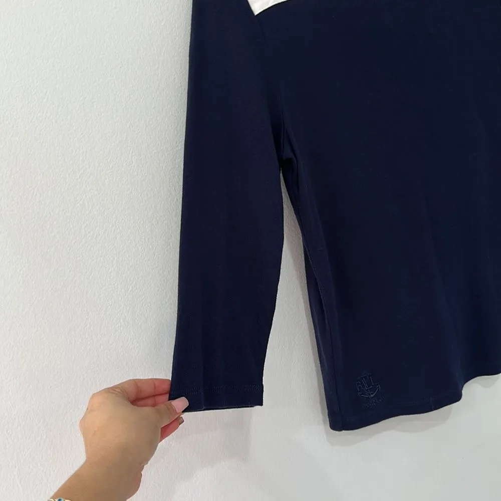 Lauren Ralph Lauren Cotton Petite Navy Blue/White Trim Top Sz PL - Image 3