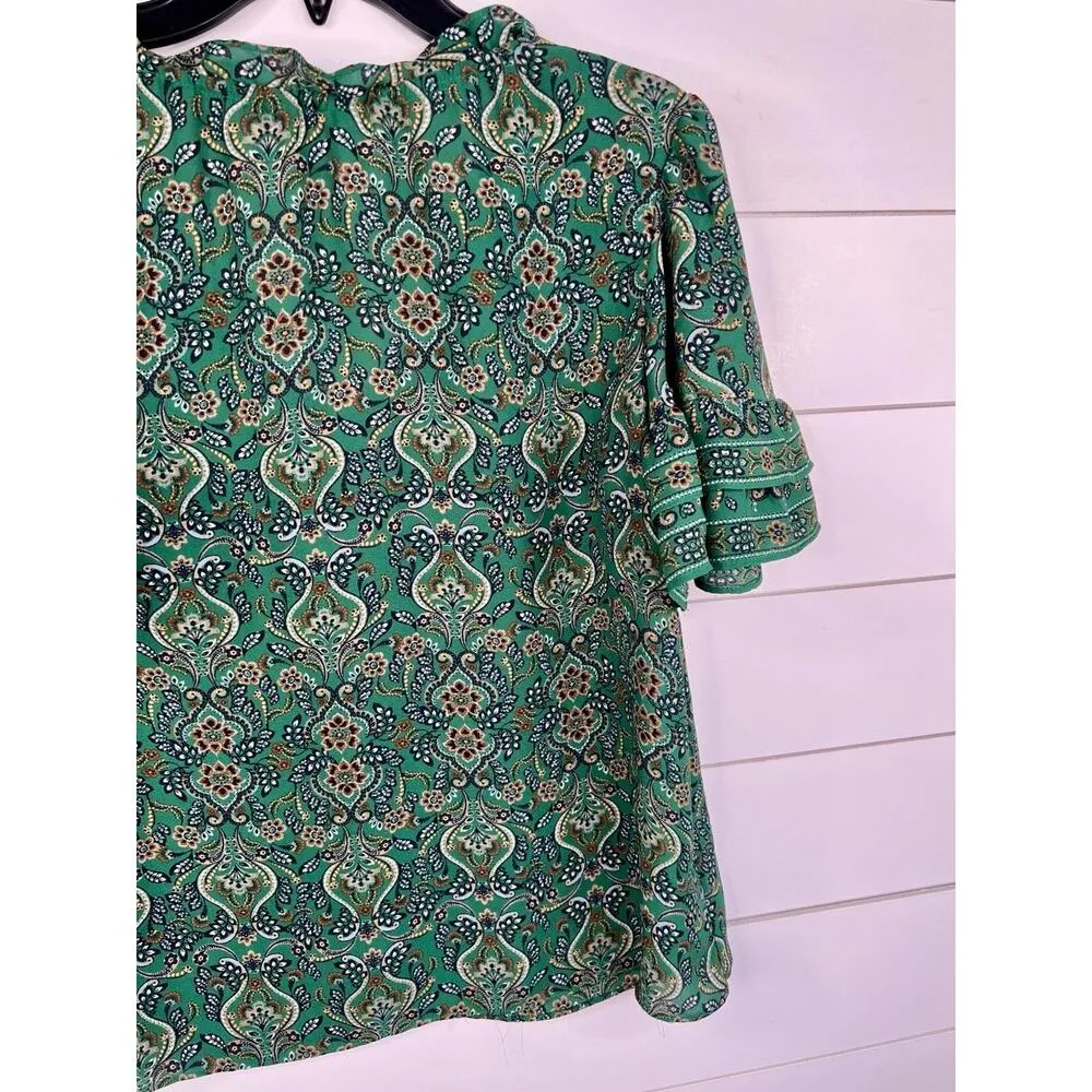Max Studio Green  Peasant Blouse Ruffle Detail Patterned Short Sleeves Size M - Image 10