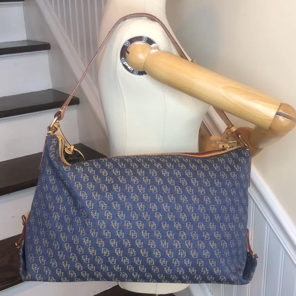 Vintage Dooney and Bourkey Blue Jacquard Monogram Top Zipper Tote Shoulder Bag - Image 2