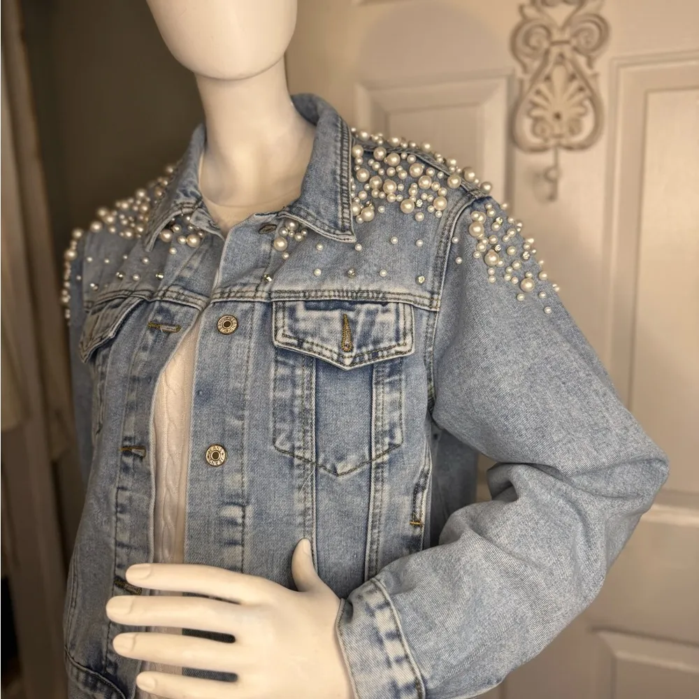 Personalized Pearl Studded Denim Jacket Size Large. Blue - Image 2