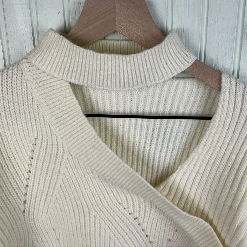 NEW Lulus Trendy Forecast Ivory Pointelle Knit Mock Neck Cutout Sweater Small - Image 6
