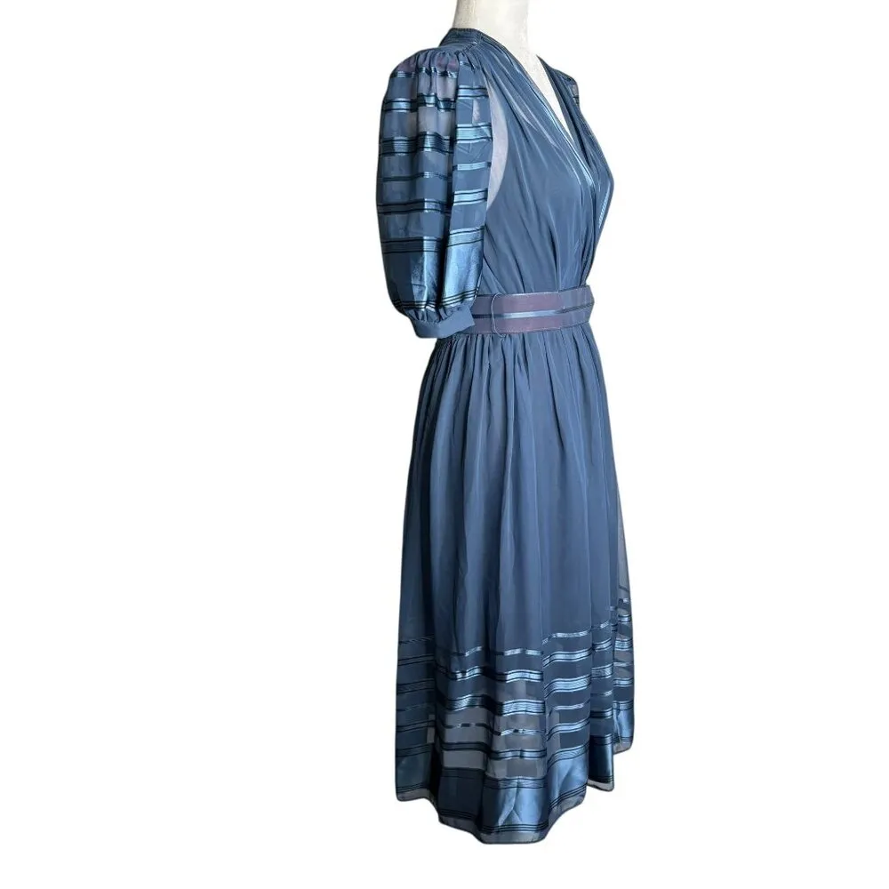 Vintage Blue Sheer Midi Dress Sz Small Metallic Striped Puff Sleeves Belted - Image 6
