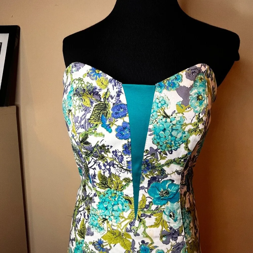 Akira Strapless Bodycon Strapless Dress Blue Green Floral Y2K Vacation Beach - Image 2