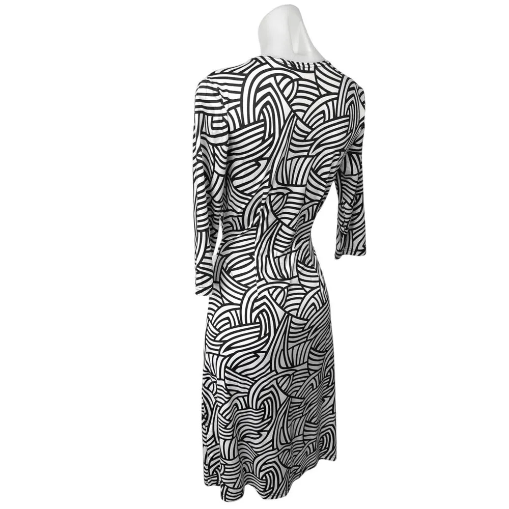 Patty Boutik Black White Abstract Print Faux Wrap 3/4 Sleeve Midi A-Line Dress S - Image 2