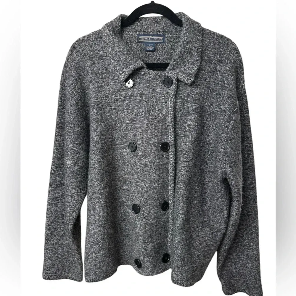 Herman Geist Wool‎ Sweater Jacket Women’s Medium Dark Gray, Button Down Gray - Image 5