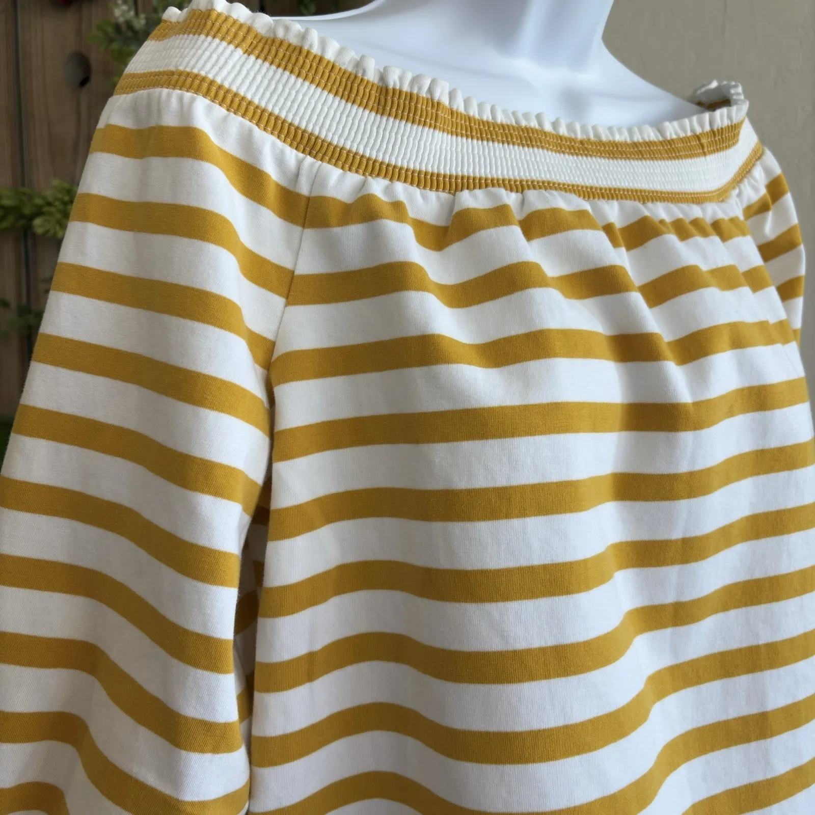 J Crew Womens‎ Cotton Stripe Printed Off The Shoulder Blouse Yellow White Size M - Image 2