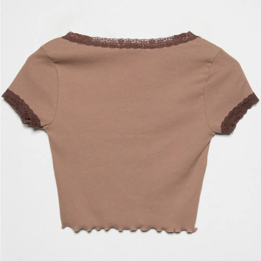 NWOT Full Tilt Ribbed Lace Detail Cropped Tee in Brown Size S - Image 5