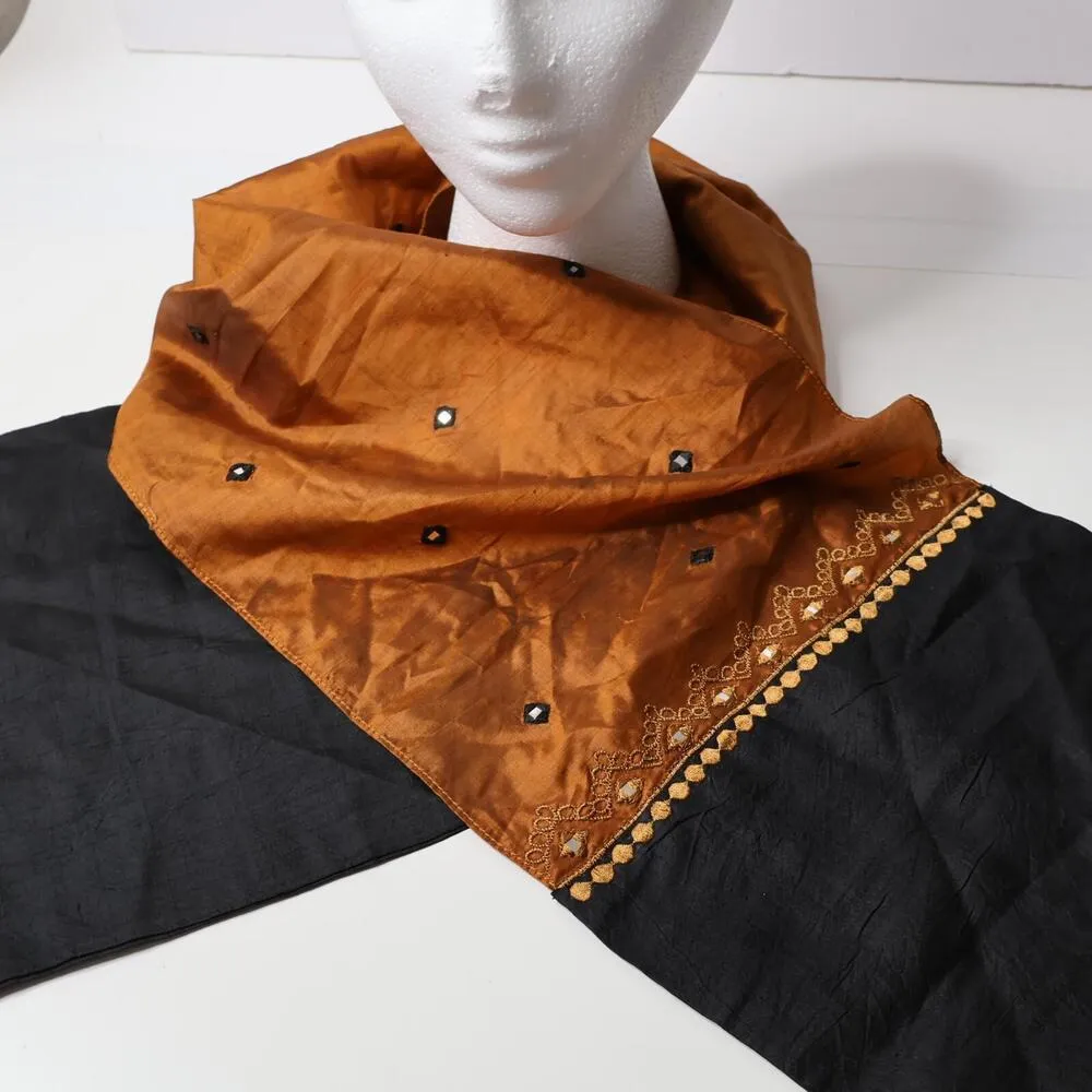 CRC 100% Silk Orange & Black Color Block Scarf Mirror Work Bohemian India Made - Image 1