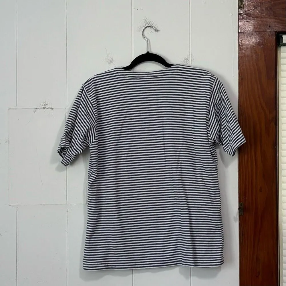 VICTORIA JONES Top Blue White Stripes Short Sleeve Jean Pockets Flowers Cotton P Size undefined - Image 5