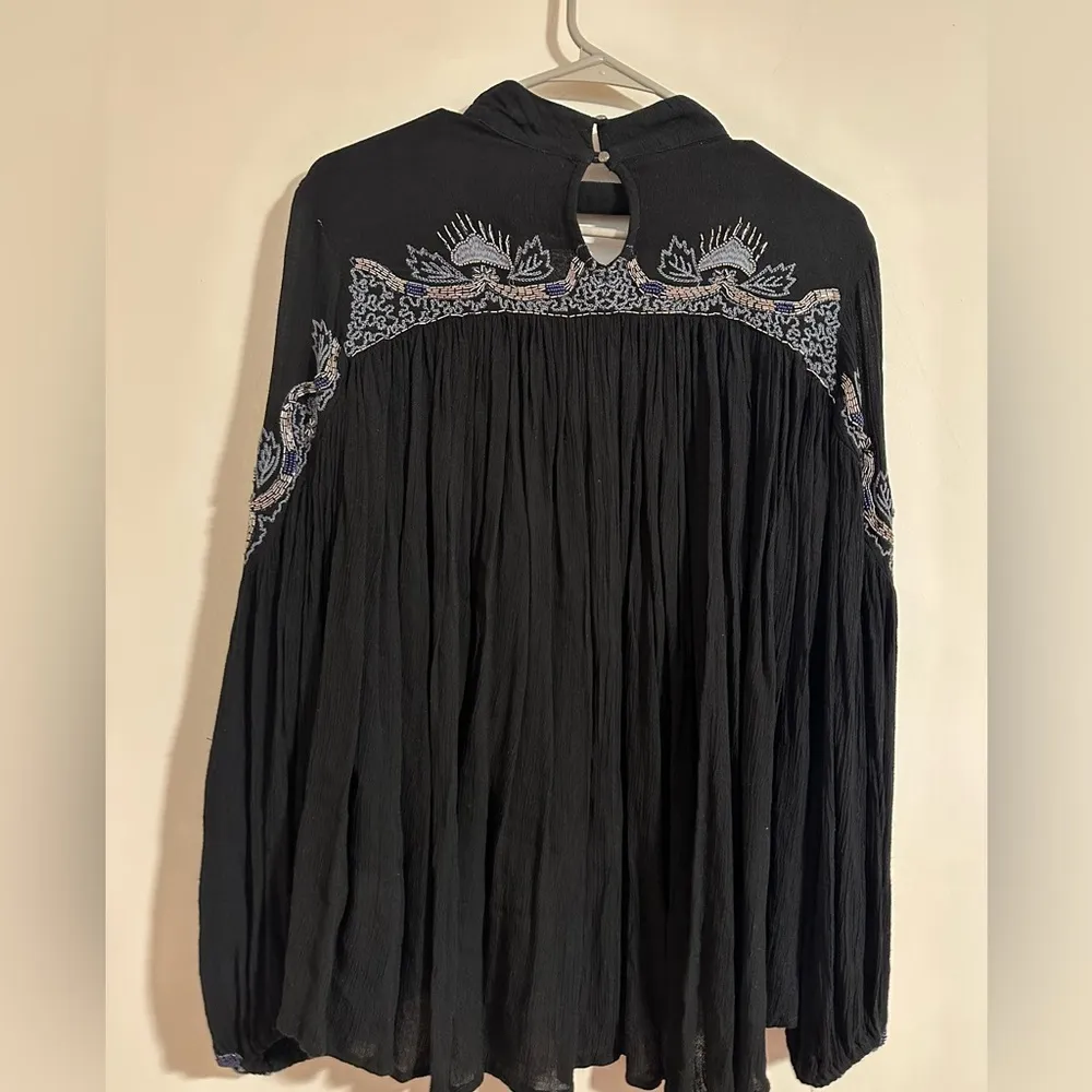 Free People sweet fantasy beaded embroidered sleeve detail black top - Image 5