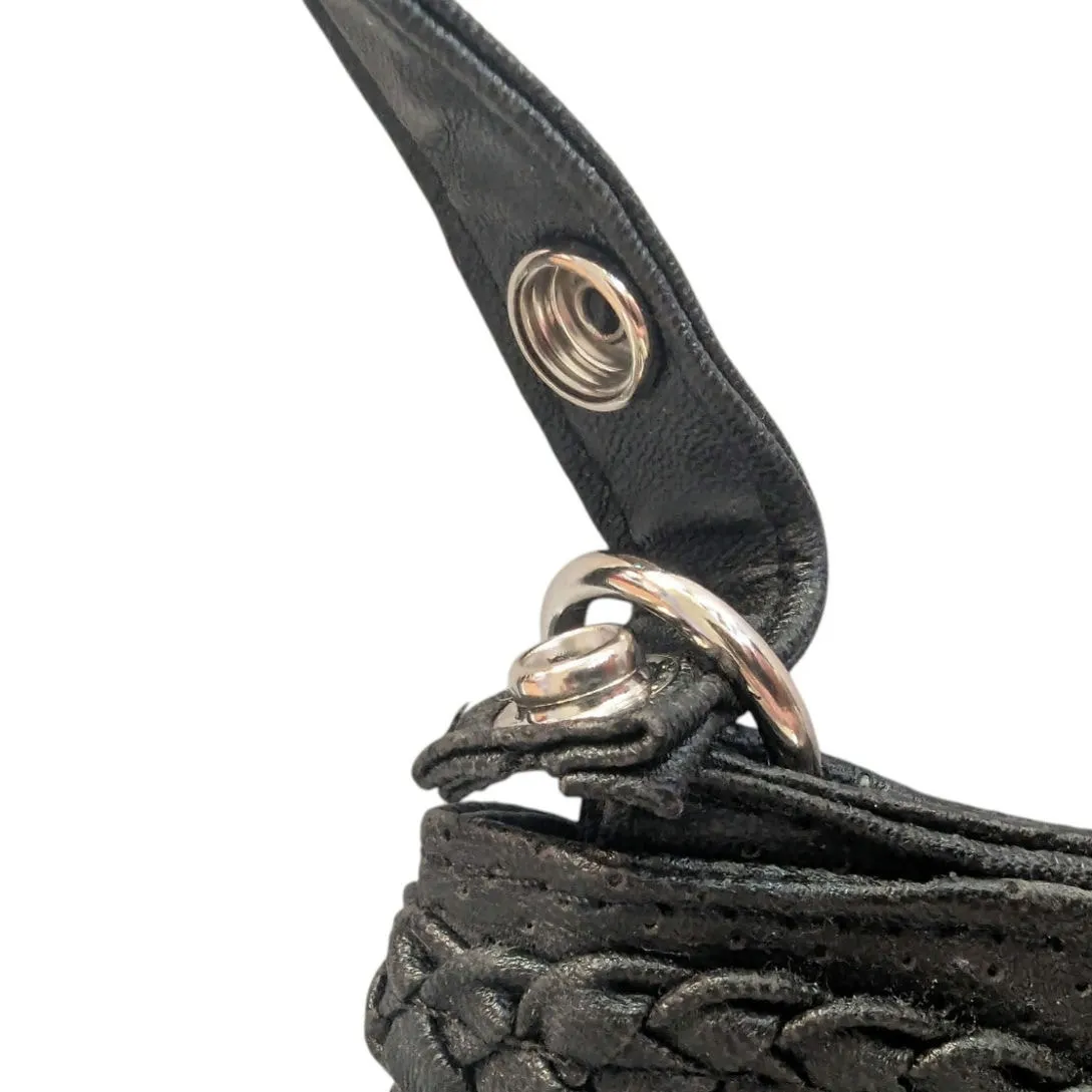 Vintage Y2K Black Leather Woven Hobo Mini Shoulder Bag Boho - Image 6