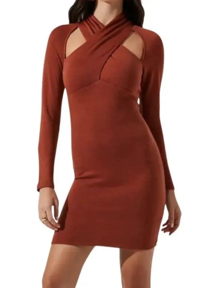 ASTR The Label Rosey Rust Wrap Neck Cutout Dress Long Sleeve Size XL Extra Large - Image 4