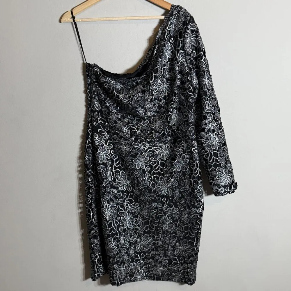 NWT Lauren Ralph Lauren One Shoulder Lace Evening Dress Women's 12 Black Silver - Image 6