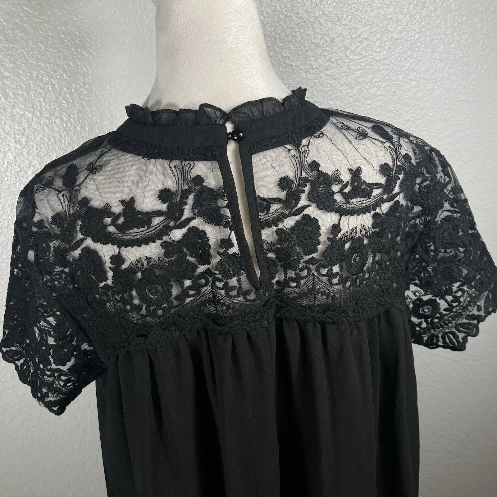 Black Lace Babydoll Mini Dress XL Chiffon Ruffle High Neck Embroider Whimsigoth - Image 6