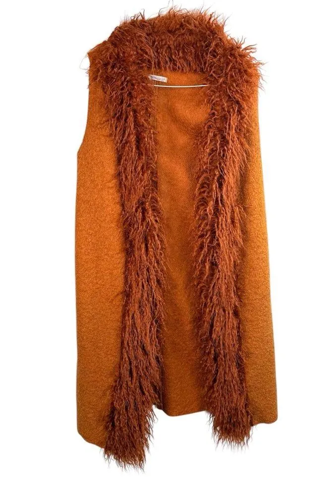 Tensione In Rust Faux Fur Trim Wool Blend Vest Orange Size M - Image 2