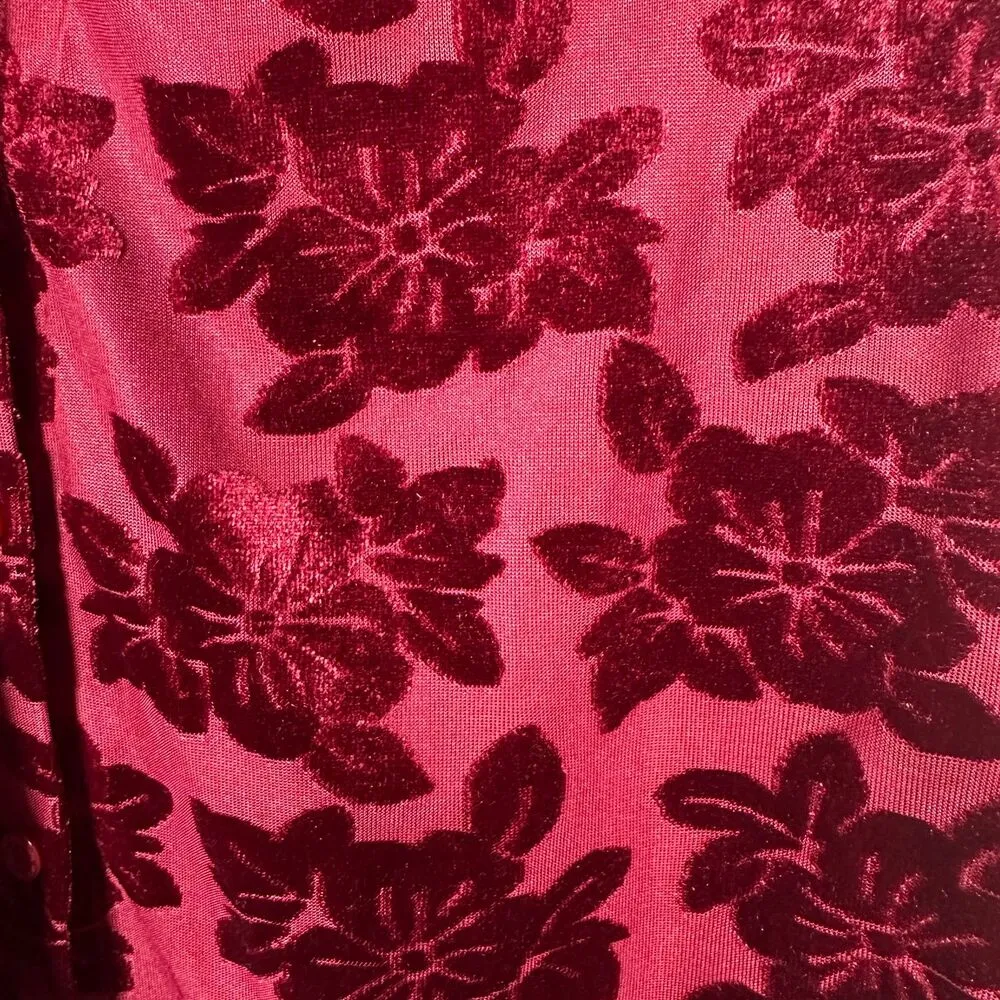 Marc New York Andrew Marc Burgundy Burnout Velvet Floral Button Blouse Large - Image 5