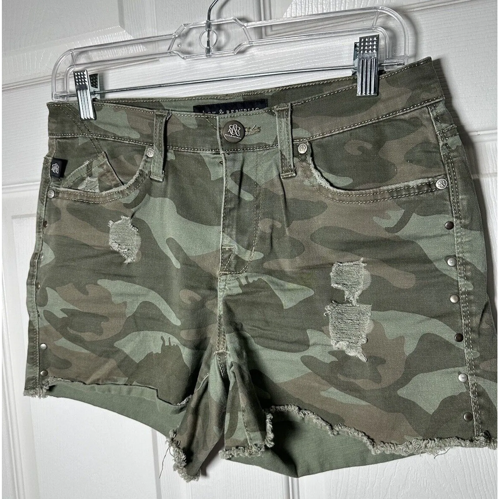Rock & Republic Jean‎ Shorts Womens Size 4 Green Camo Distressed Cut Off Bling - Image 2
