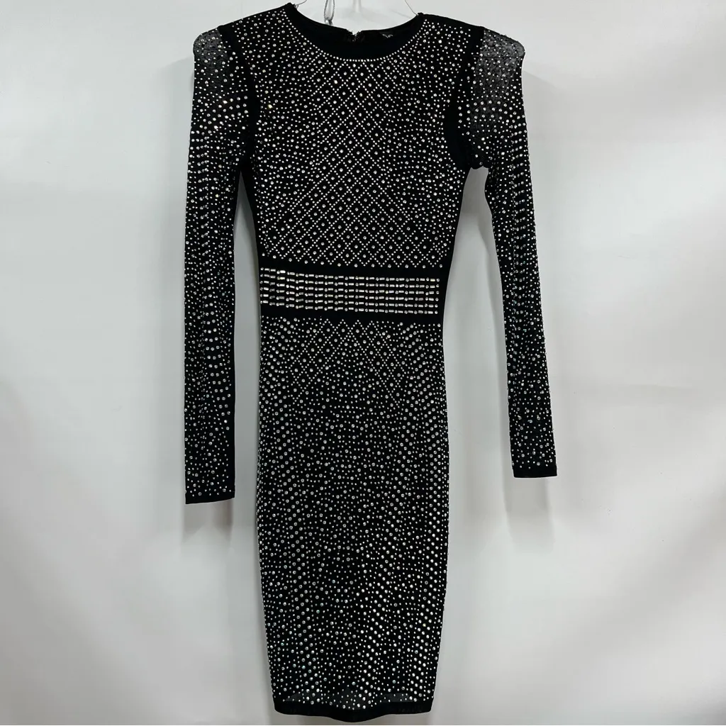 Windsor XS Black Silver Studded Long Sleeve Dress rhinestone bodycon mini - Image 2