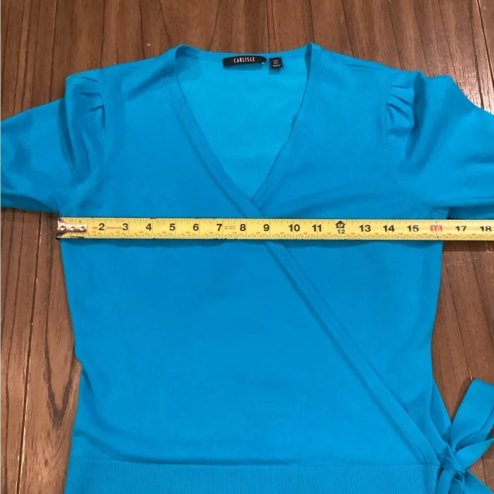 CARLISLE blue turquoise knit faux wrap short sleeve top shirt small - Image 5
