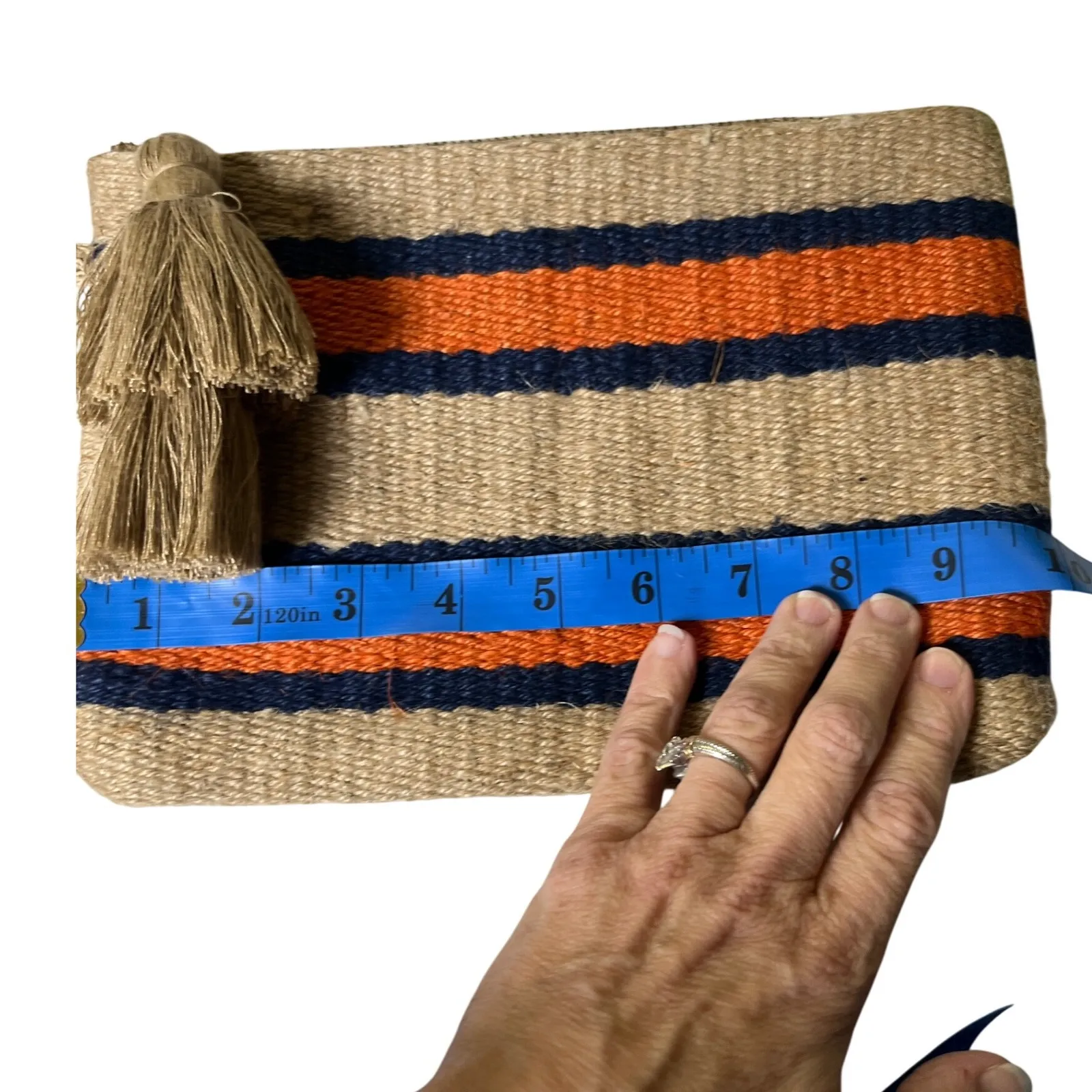 J.Jill Woven Jute Tassel Wristlet Clutch Striped Tan Navy‎ Orange Boho Bag - Image 5