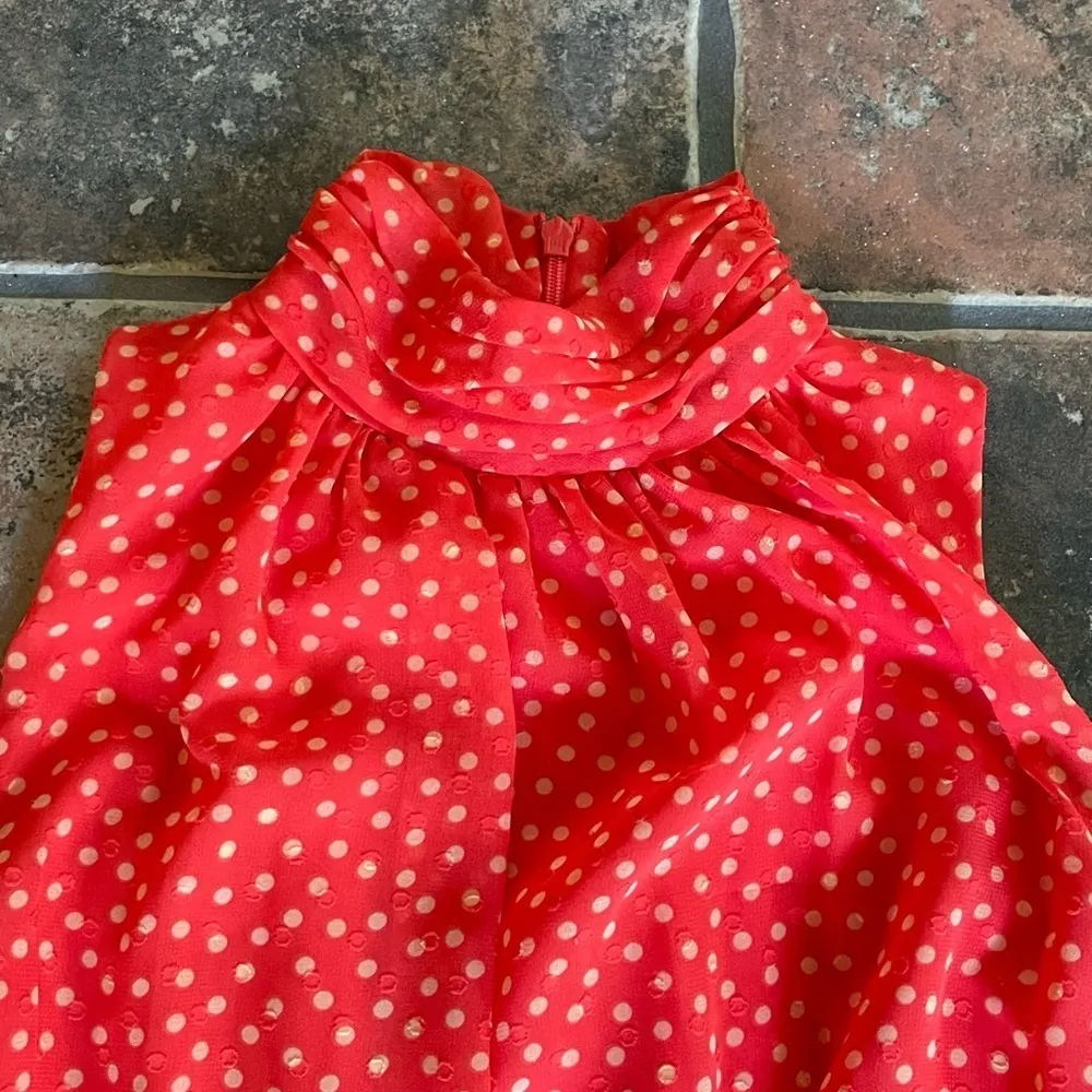 NEW Taylor Sleevless Halter Neck Polka Dot HighLow Chiffon Blouson Coral Dress 2 Orange - Image 12