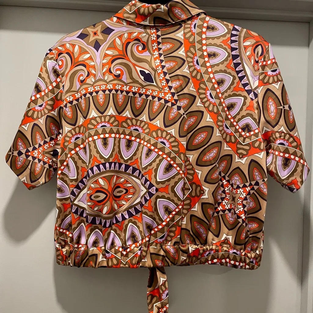 LIKE NEW Rachel Roy Colorful Short Sleeve Tie Front Paisley Swirl Pattern Blouse Orange - Image 12