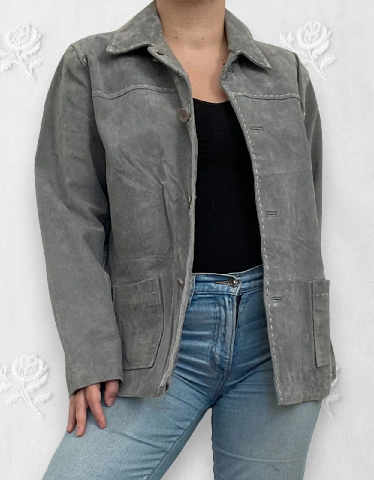 Denim&Co Vintage Light Gray Accent Stitching Suede Tailored Leather Jacket XL - Image 1