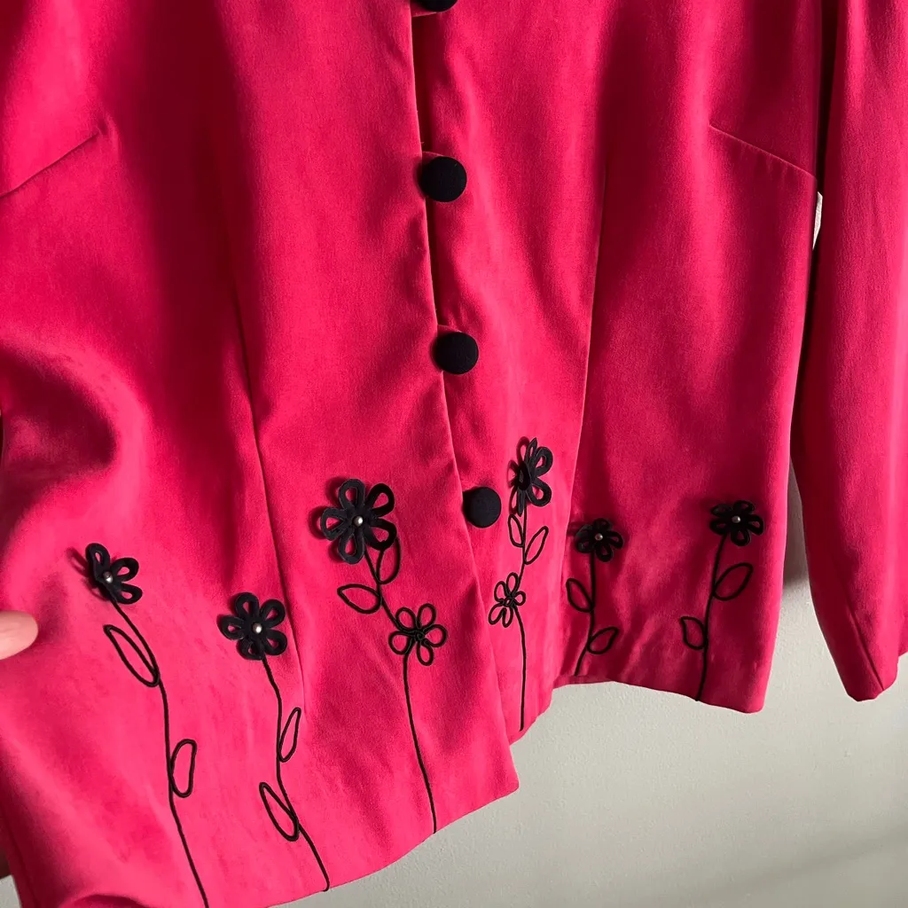 VINTAGE 90’s pink and black embroidered floral power suit Barbiecore blazer Size 14 - Image 8