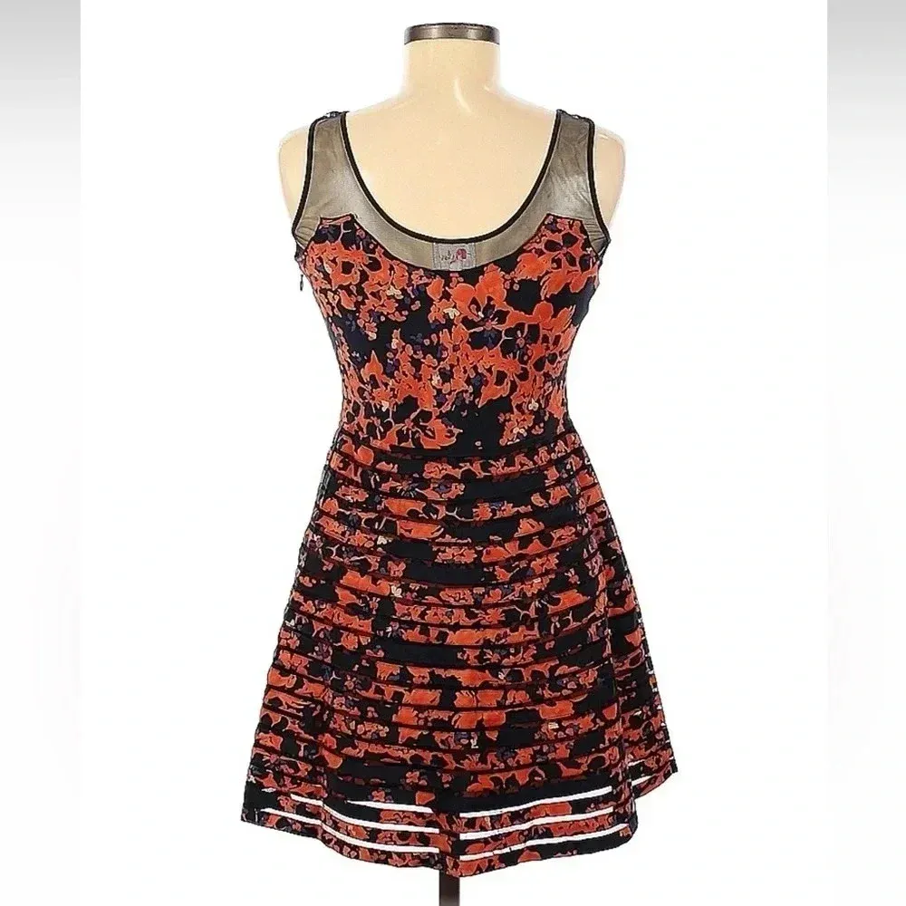 Parker Orange & Black Petal Bloom Mesh Sleeveless Fit & Flare Silk Dress Size M - Image 4