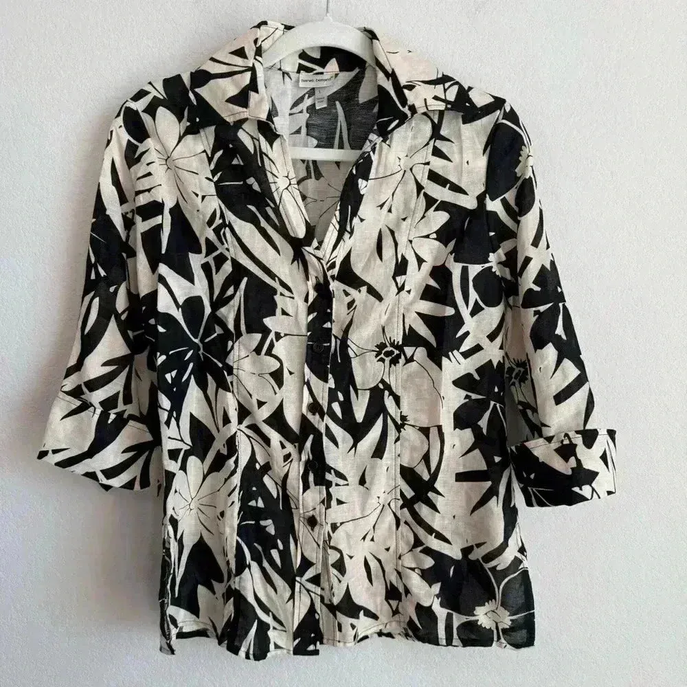 Harve Benard Woman's Black‎ Beige Floral Linen Blend Button Up Blouse Size L - Image 8