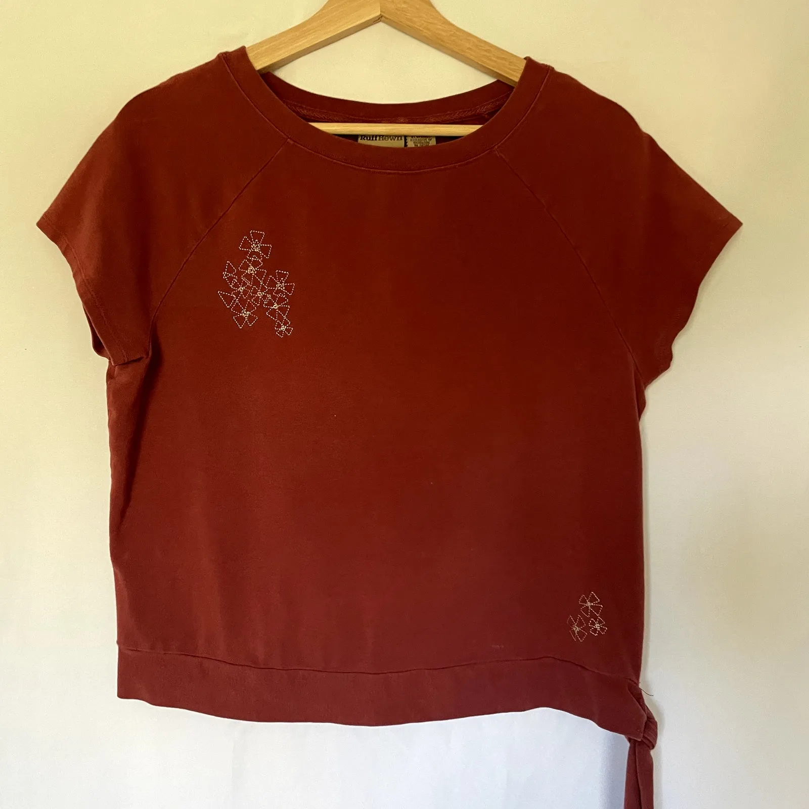 RuffHewn coral red short sleeved shirt side tie flower women's size L cotton - Image 2