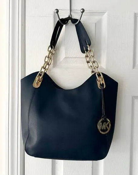 Michael Kors Lily Blue Saffiano Leather Gold Chain Hobo Shoulder Bag MK Fob - Image 1