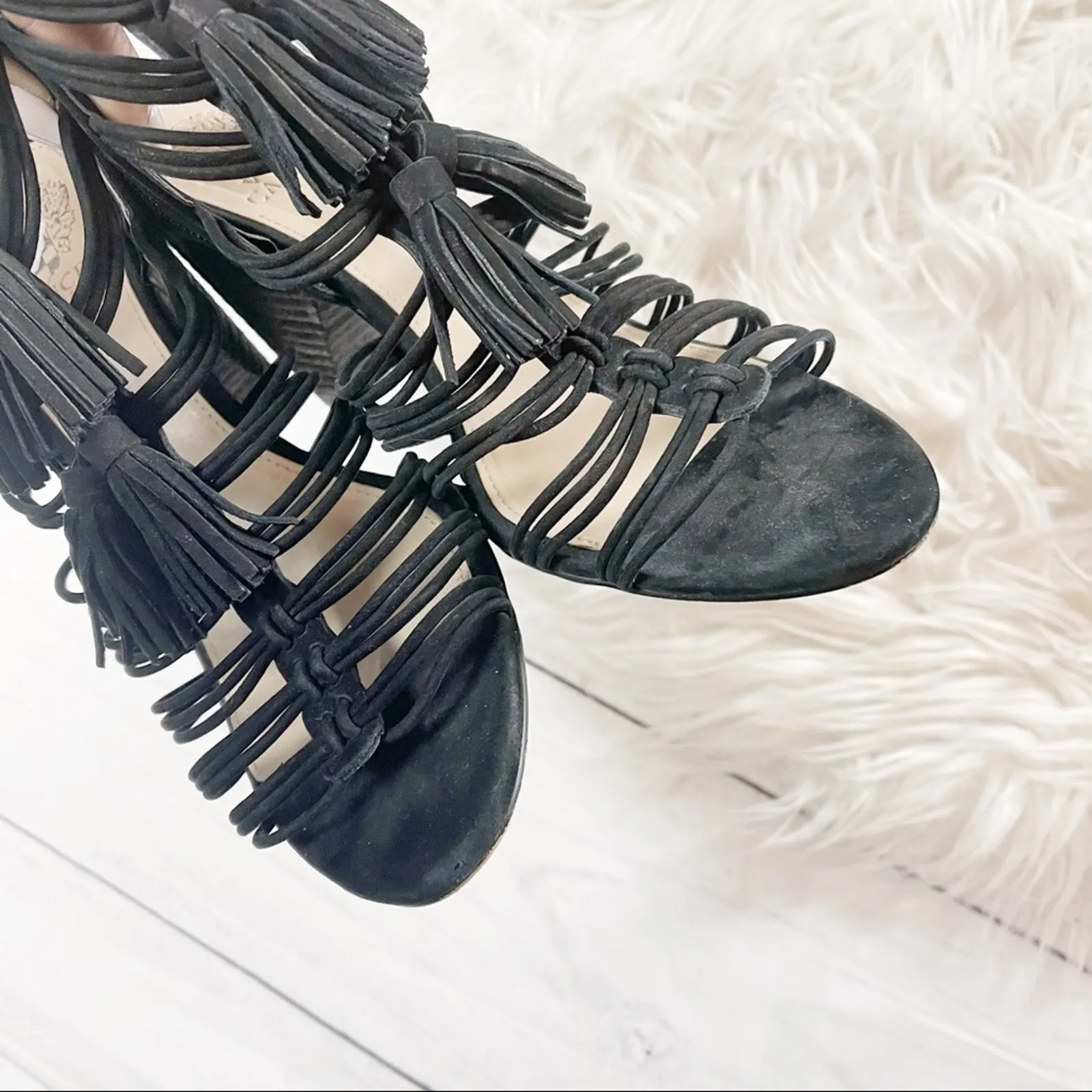 Vince Camuto Edola Heeled Gladiator Peep Toe Sandals in Black‎ Suede Size 8.5 - Image 5