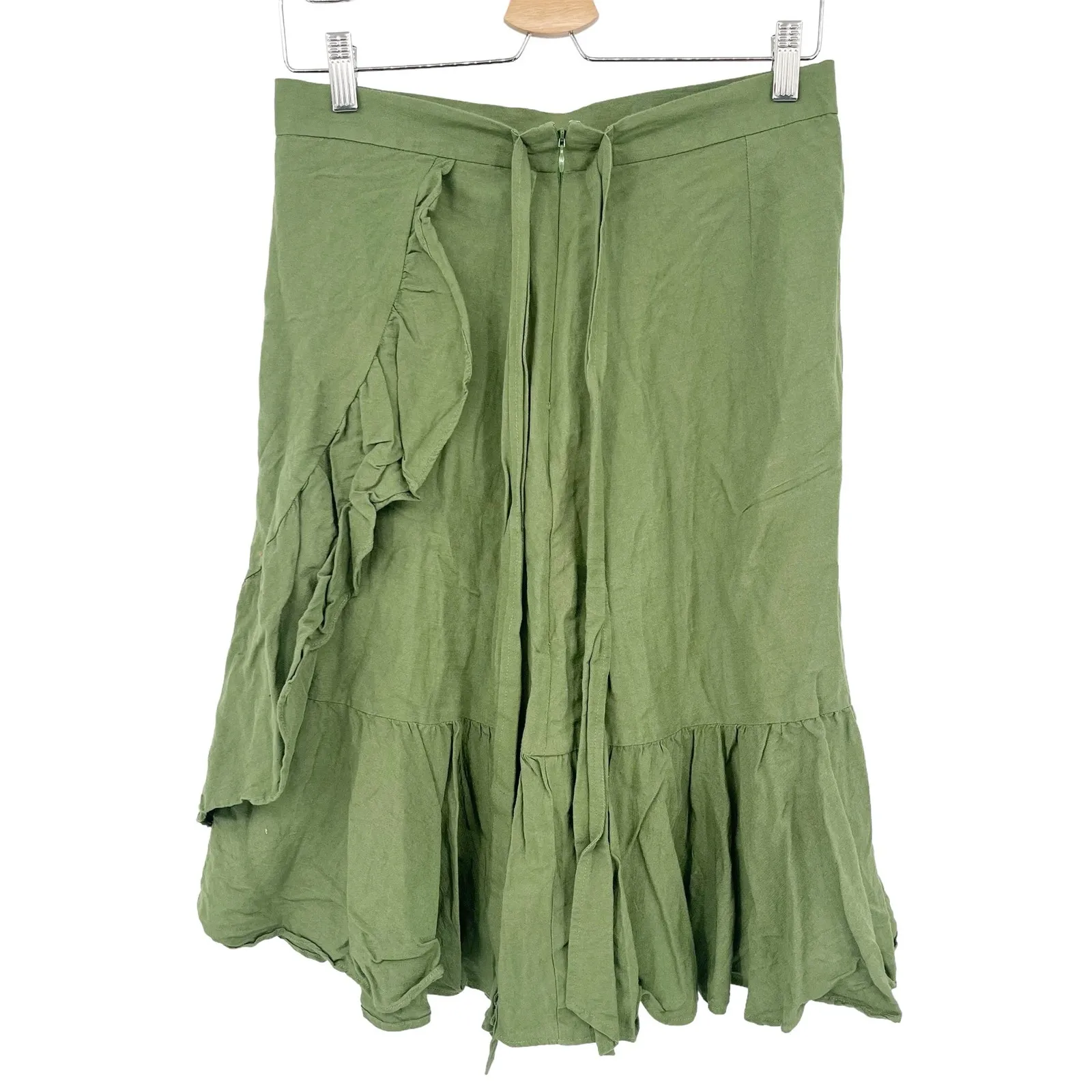 ANN TAYLOR Womens Linen‎ Blend Ruffle Beachy Lagenlook Knee Length Skirt Green - Image 2