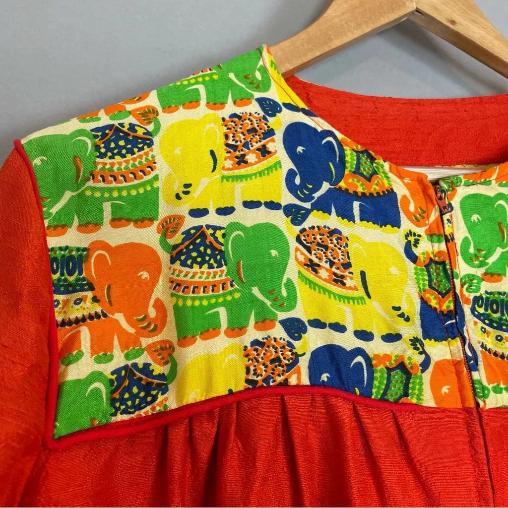 Vintage Caftan Dress Maxi Women Kaftan Muumuu Elephants‎ Reddish Orange Zip - Image 8