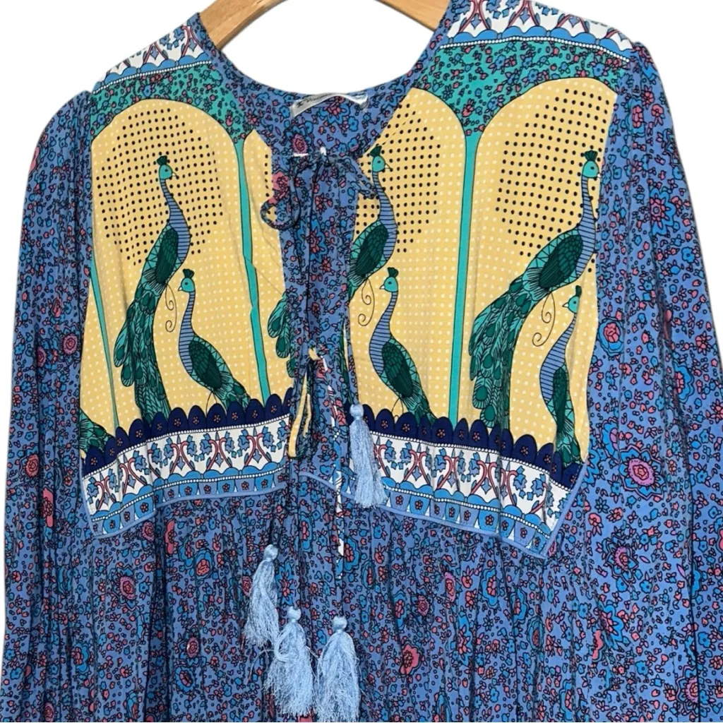 R. Vivimos Size XL 16 18 Blue Floral Print Long Sleeve V Neck Tassel Midi Dress - Image 5