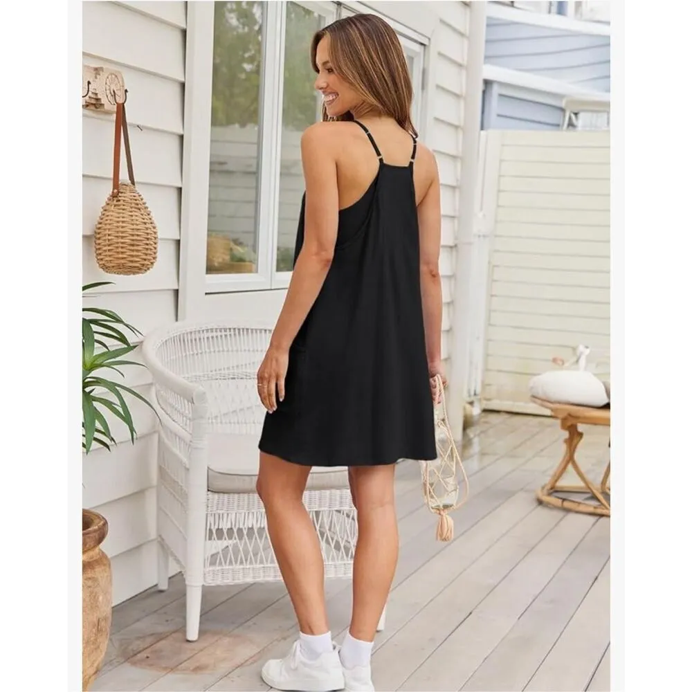 NEW Black Mini Romper Dress Spaghetti Strap Short Pockets M Size M - Image 6