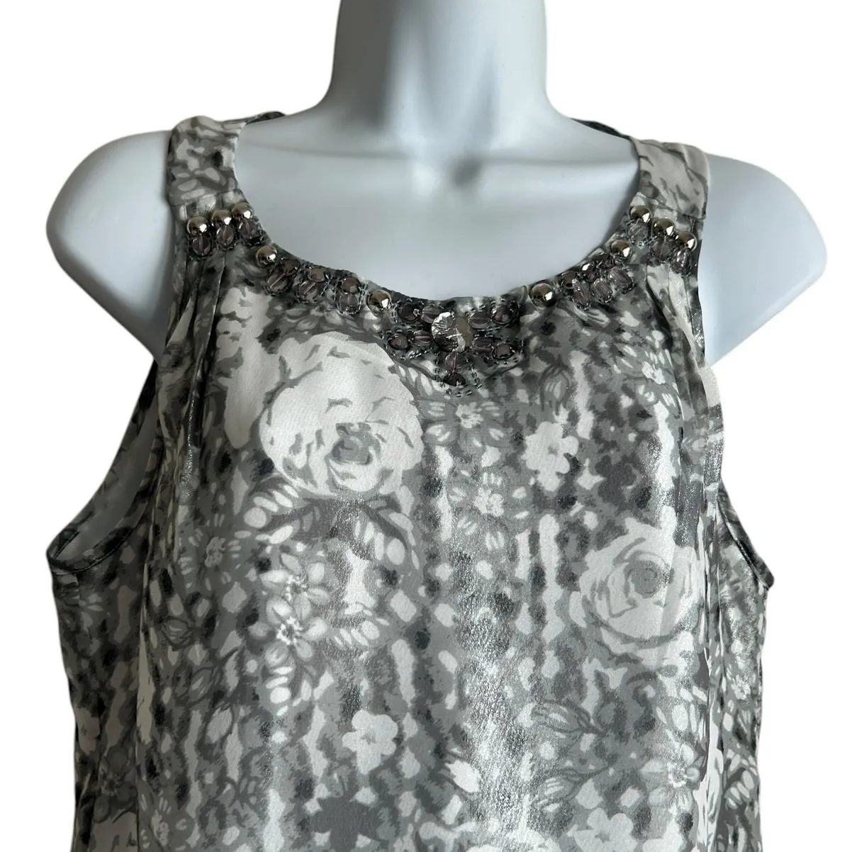 ECI Women Top 4 Metallic Silver Floral Rhinestone Neck Babydoll Disco Glam Boho‎ - Image 10