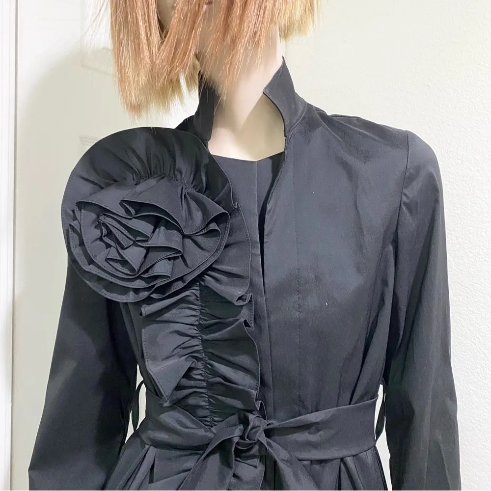 JOSEPH RIBKOFF Style 12714 Black Belted Dress Coat with Big Flower Accent Size 2 - Image 5