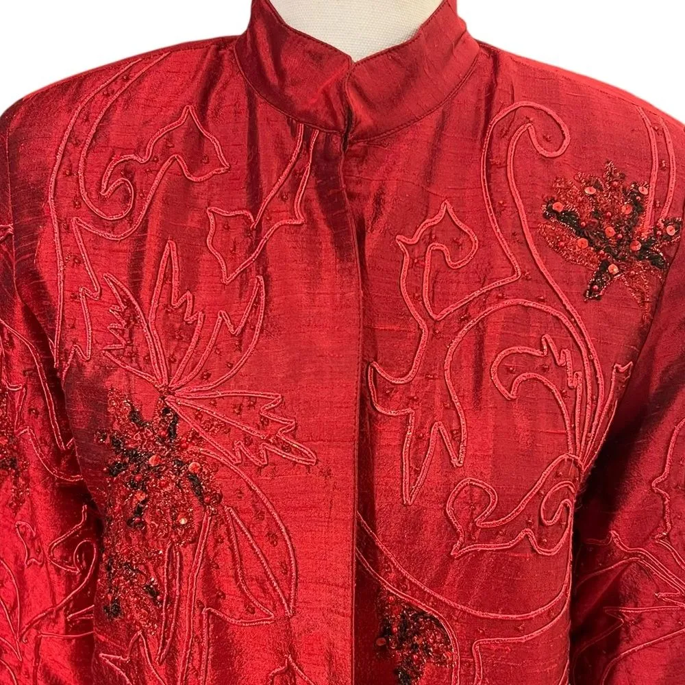 Vintage Anage Silk Kimono Jacket Sz S Christmas Beaded Embroidered Art to Wear Red - Image 3