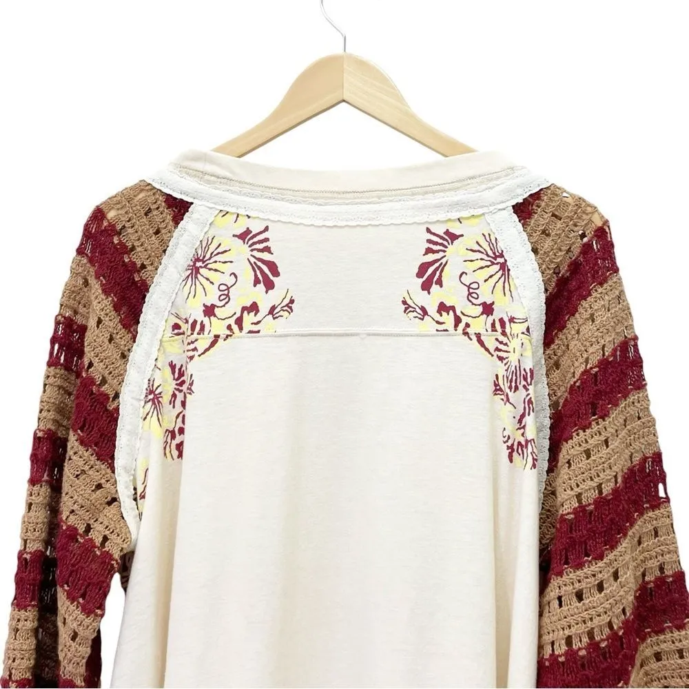 Free People Festival Ready Tee Crochet Sleeve Cream & Rust Knit Top Size Large - Image 10