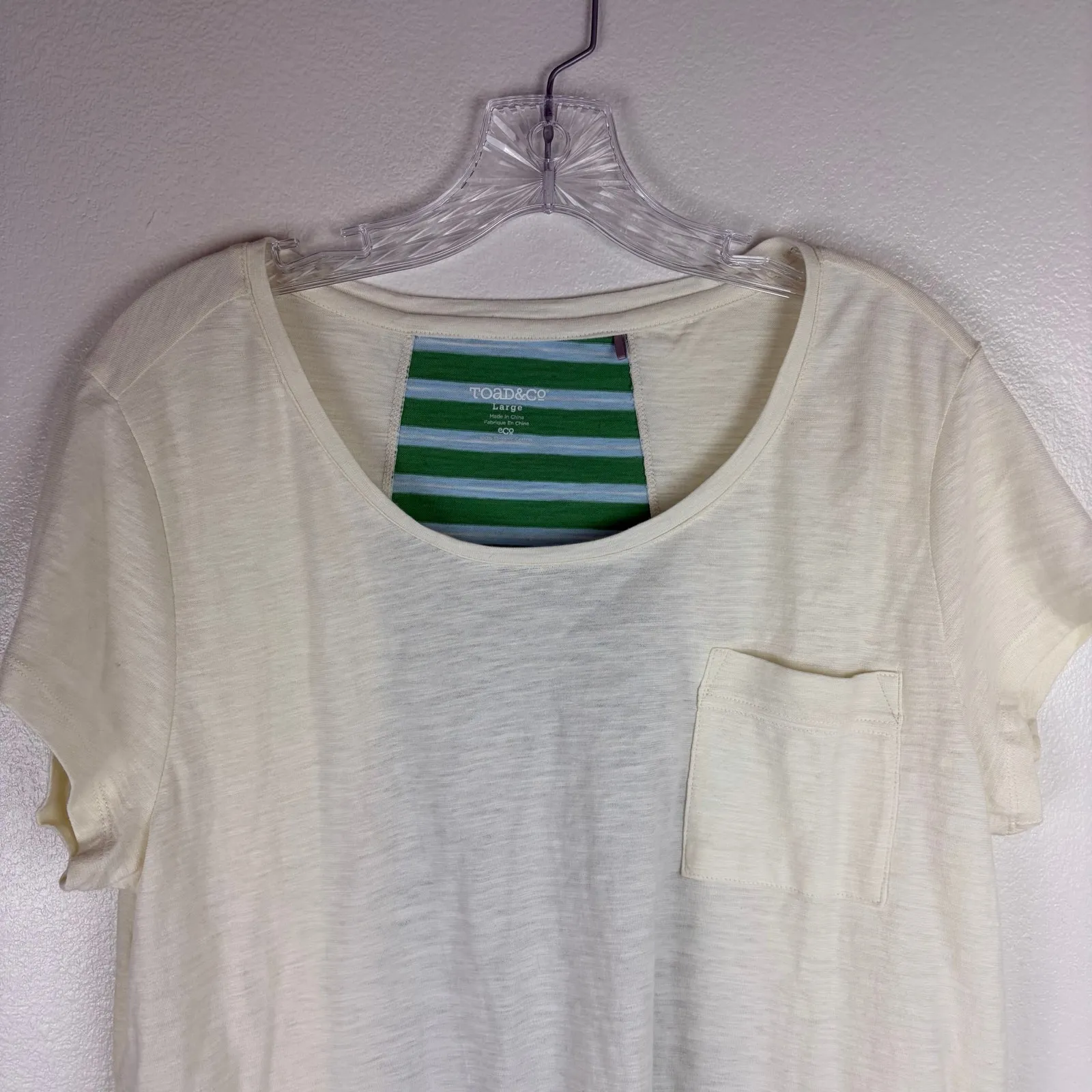 Toad & Co Womens Shirt Size Large Cream Green Stripe Short Sleeve Cotton - Image 4