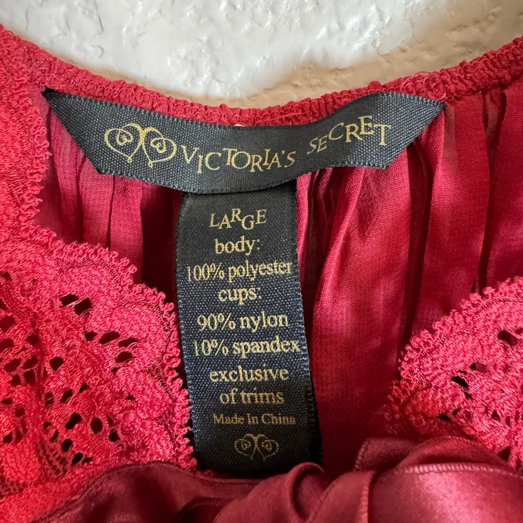 Vintage 90’s 2000’s Victoria’s Secret Chemise Sheer Burgundy with Lace & Bow L - Image 5
