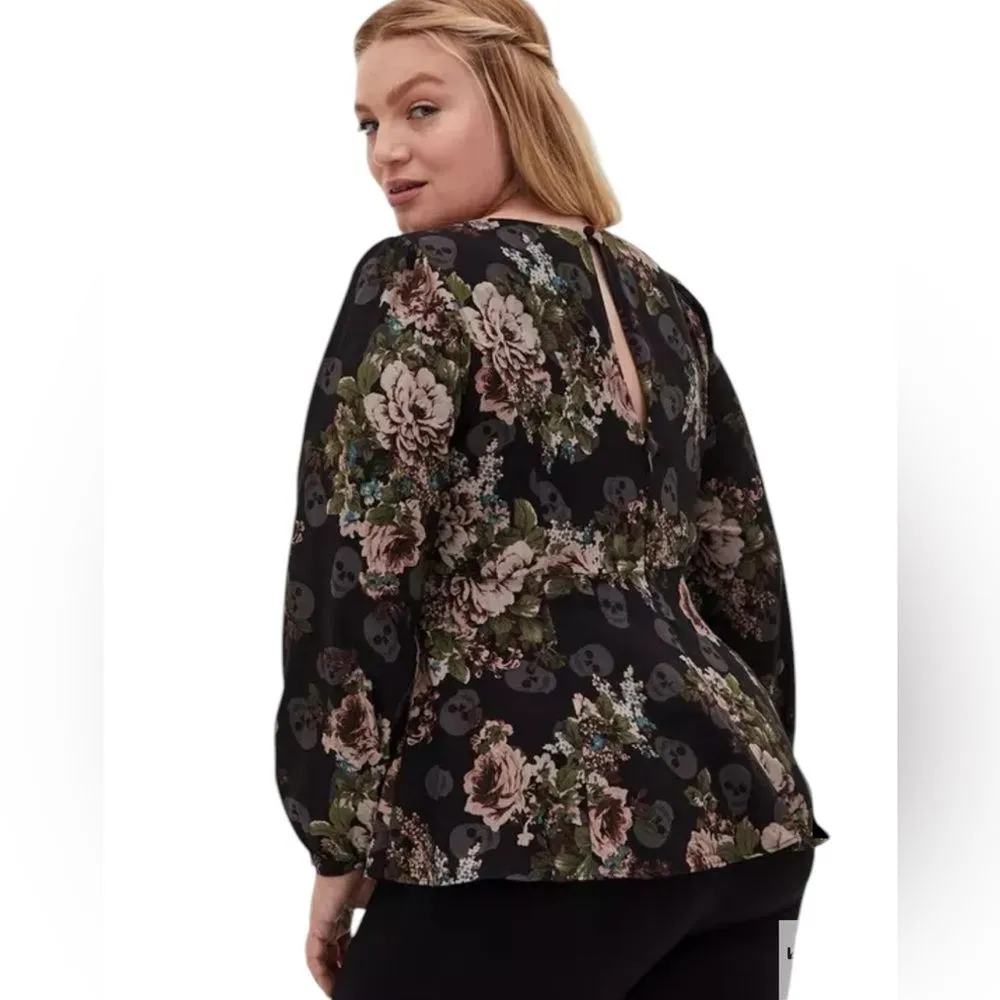 Torrid Flowers and Skull Print Blouse Peplum Crepe Sweetheart Neck Womens 2X - Image 2