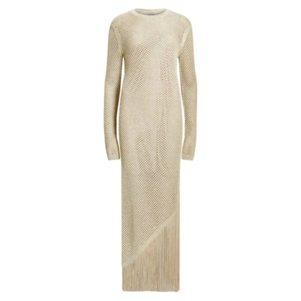 ALLSAINTS Jesse Dress in Gold Medium New Womens Knit Crochet Maxi Fringe - Image 10