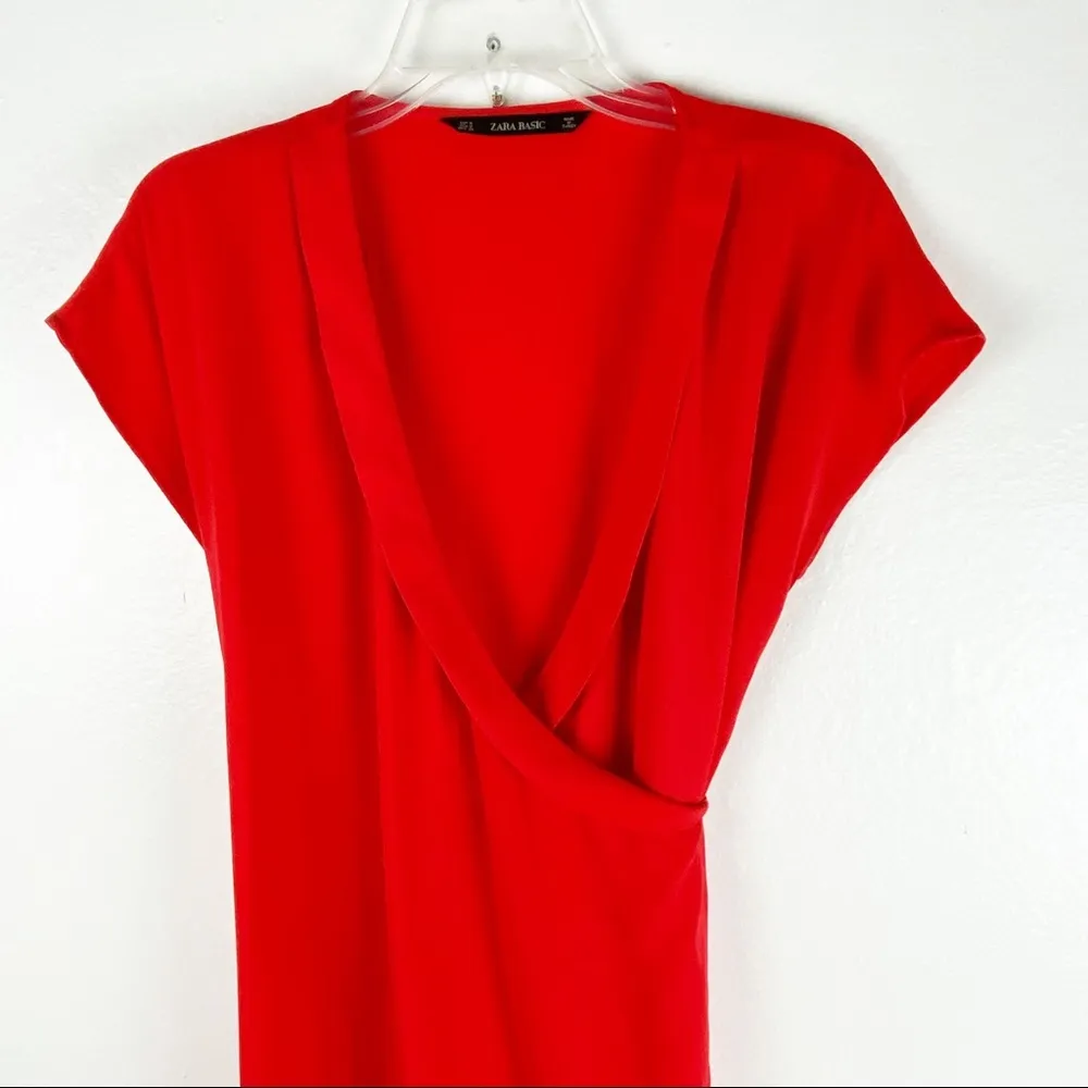 ZARA Red Orange Short Sleeves True Wrap Dress, Size Medium - Image 6