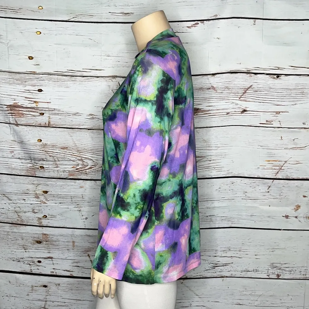 LOGO Layers by Lori Goldstein 2X Purple & Pink Tie Dye Mock Neck Mesh Blouse Top - Image 2