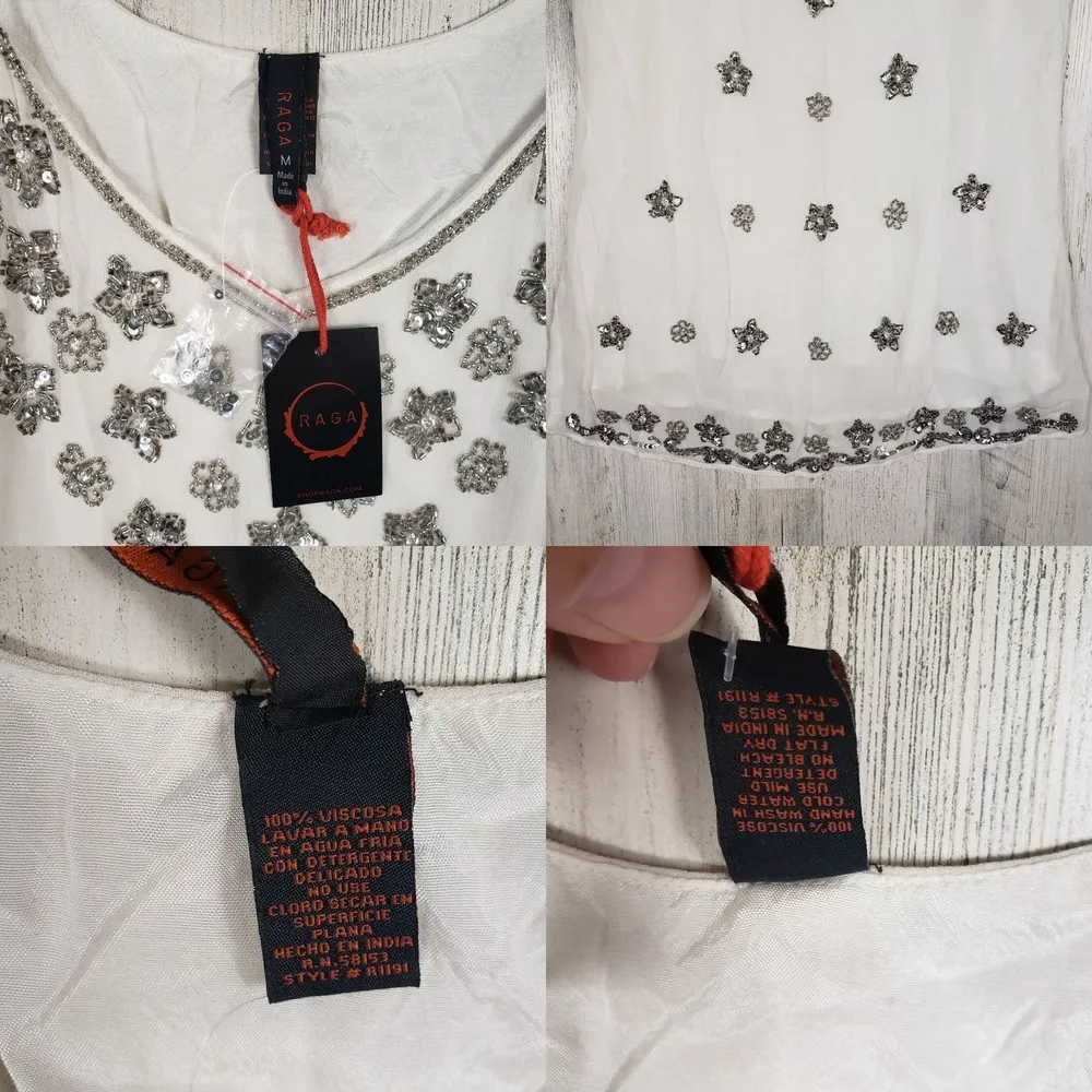 NWT Raga Sheer Lined White Beaded Floral Slip Mini Dress Women's Size Medium - Image 5