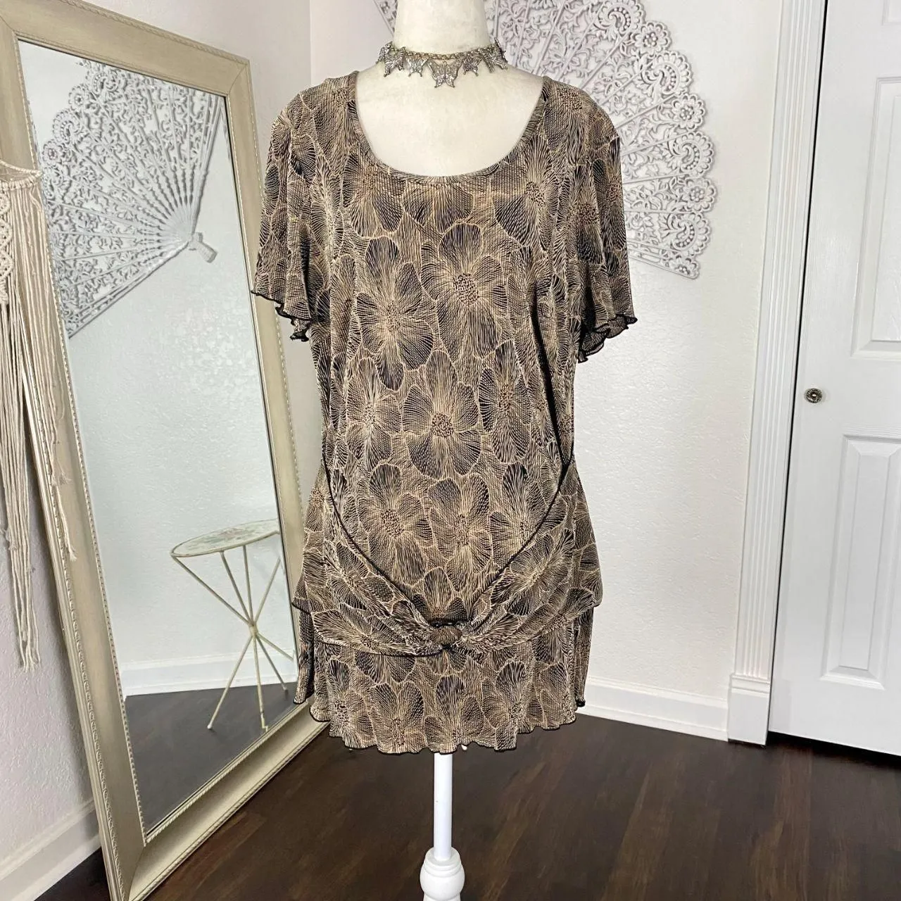 Connected Early 2000's Whimsygoth Crinkle Belted Long Top Plus Size 14W / XL Brown - Image 3