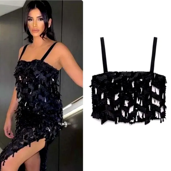 ZARA  SEQUIN CROPPED CAMISOLE TOP BLACK SIZE S NEW - Image 2